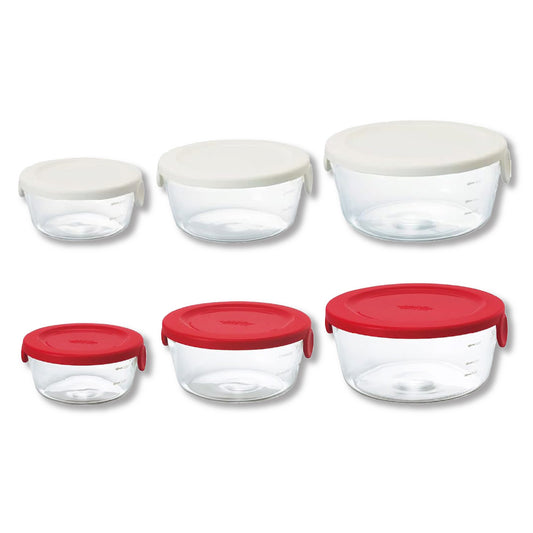 HARIO |耐熱微波玻璃皿附蓋|白色 紅色|圓型耐熱玻璃保鮮盒/三入保鮮盒/便當盒/收納盒/小物盒-SYTN-25