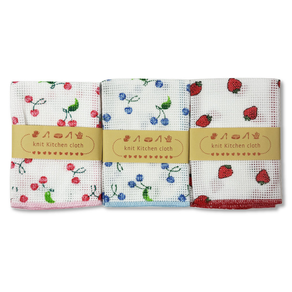 日本工藝|原田織物|日本製Knit Kitchen Cloth 水果圖案廚房擦拭巾|快乾吸水|櫻桃/藍莓/草莓款