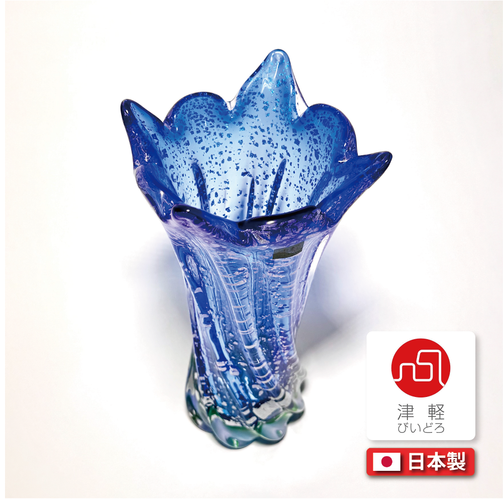 日本津輕玻璃|水藍花形銀箔玻璃花瓶|