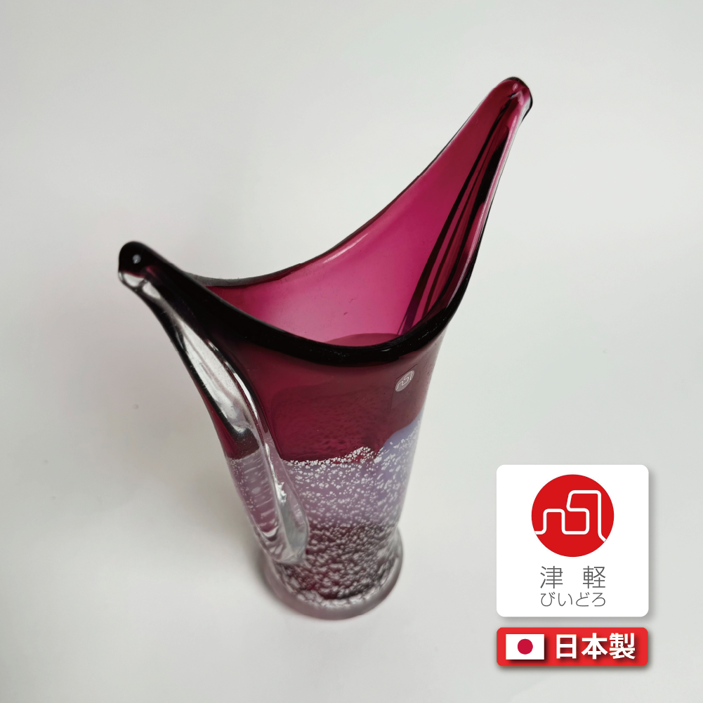 日本津輕玻璃|玫瑰紅銀箔玻璃花瓶|