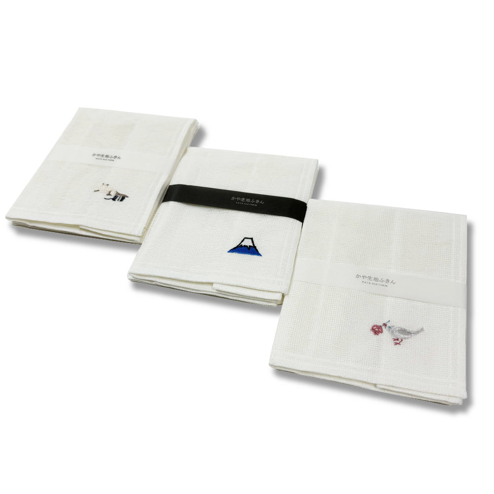 日本工藝|原田織物| 日本製Kaya刺繡擦拭巾|7層紗布|富士山/小貓/鴿子|高級感手作風