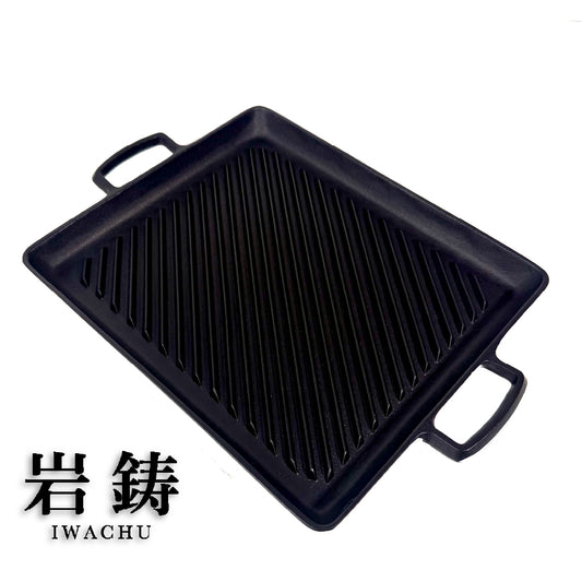 岩鑄|鑄鐵條紋平底烤盤|方形烤盤|鐵板燒料理|南部鐵器|鐵板烤肉盤烤肉|露營|#23014