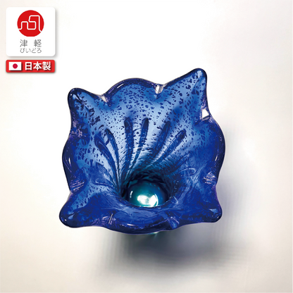 日本津輕玻璃｜水藍花形銀箔玻璃花瓶｜