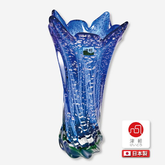 日本津輕玻璃｜水藍花形銀箔玻璃花瓶｜