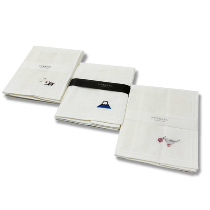 日本工藝｜原田織物｜ 日本製Kaya刺繡擦拭巾｜7層紗布｜富士山/小貓/鴿子｜高級感手作風