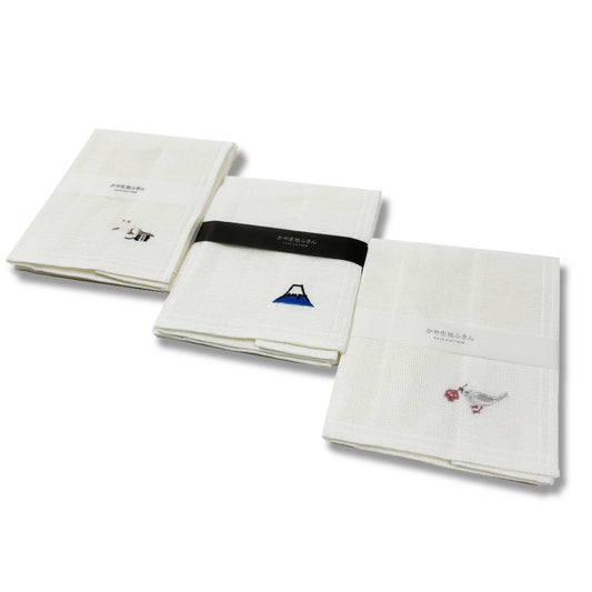 日本工藝｜原田織物｜ 日本製Kaya刺繡擦拭巾｜7層紗布｜富士山/小貓/鴿子｜高級感手作風