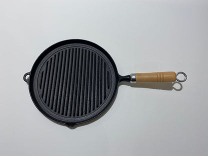 Rock cast｜25cm wooden handle grill pan｜Southern iron/grilling pan/frying pan/iron pan/cast iron pan/cast iron griddle/steak pan/barbecue/camping (23029)