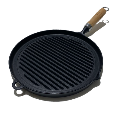 Rock cast｜25cm wooden handle grill pan｜Southern iron/grilling pan/frying pan/iron pan/cast iron pan/cast iron griddle/steak pan/barbecue/camping (23029)